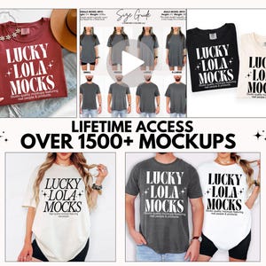 May include: A digital collection of over 1500 t-shirt mockups featuring the text LUCKY LOLA MOCKS. The set includes various color options like maroon, black, and white, displayed on models and flat-lay styles with size guides and branding.