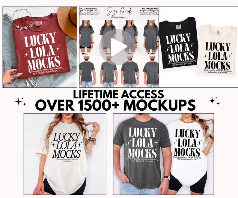 May include: A digital collection of over 1500 t-shirt mockups featuring the text LUCKY LOLA MOCKS. The set includes various color options like maroon, black, and white, displayed on models and flat-lay styles with size guides and branding.