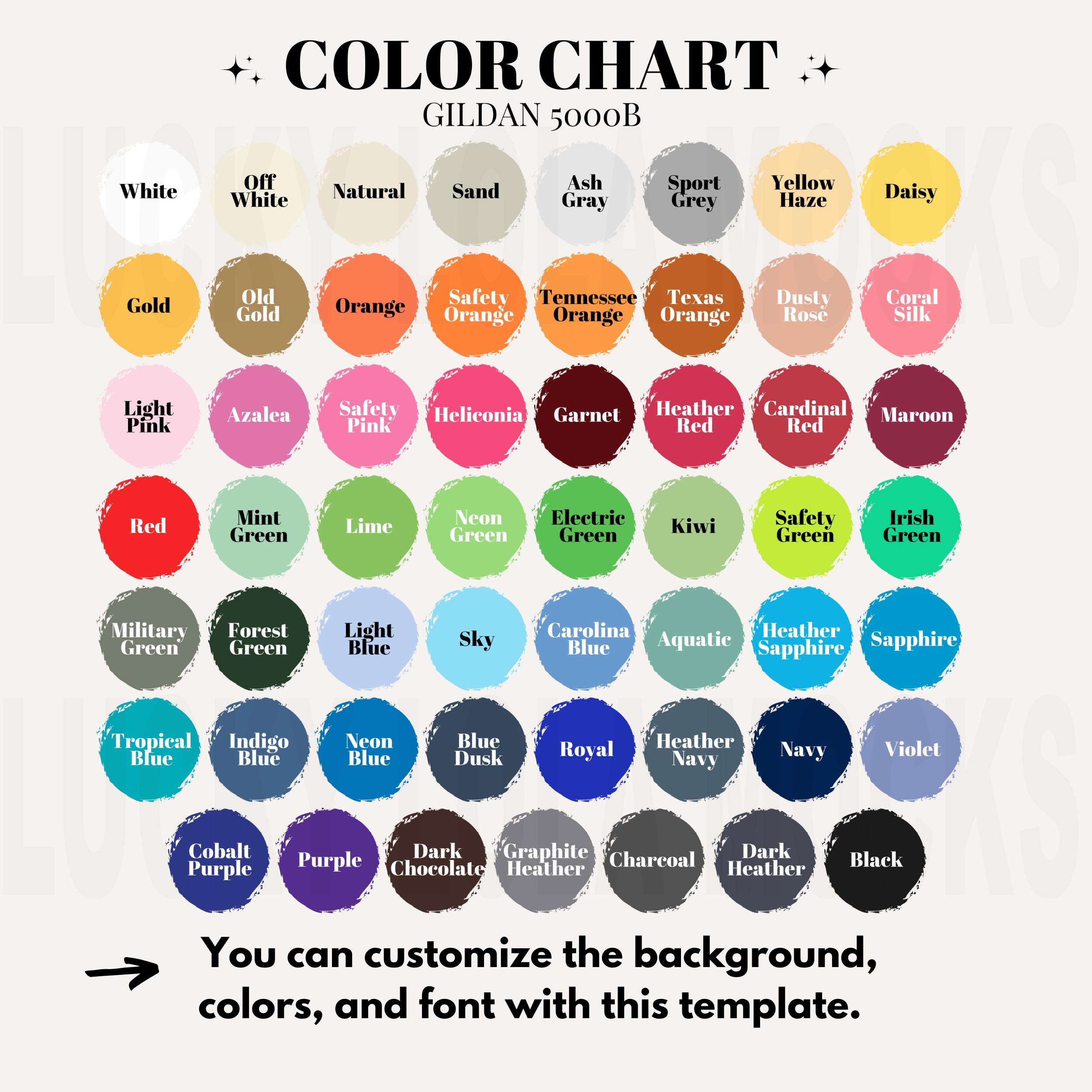 Editable Gildan 5000b Color Chart, Gildan 5000b Color Guide, Gildan ...
