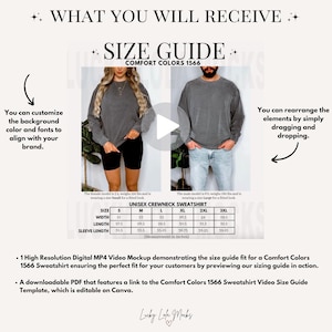 May include: A size guide for a unisex crewneck sweatshirt in Comfort Colors 1566. The guide includes a size chart with measurements in inches for width, length, and sleeve length. The chart shows sizes from S to 3XL. The image also includes a video mockup demonstrating the size guide fit.