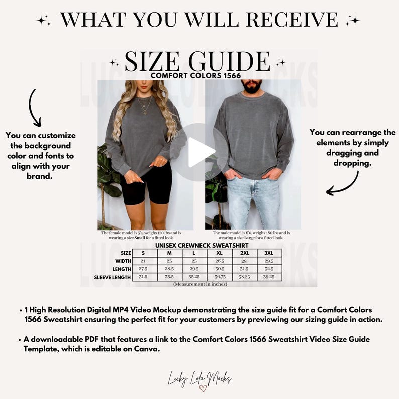 May include: A size guide for a unisex crewneck sweatshirt in Comfort Colors 1566. The guide includes a size chart with measurements in inches for width, length, and sleeve length. The chart shows sizes from S to 3XL. The image also includes a video mockup demonstrating the size guide fit.