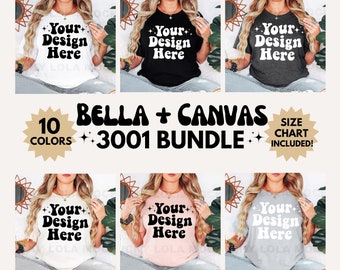 May include: A mockup of 10 different colour Bella + Canvas 3001 t-shirts with the text "Your Design Here" printed on the front. The text is in a retro font style with stars and sparkles. The size chart is included.