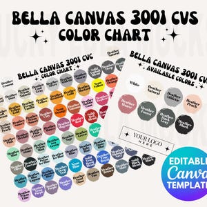 Carta de colores editable Bella Canvas 3001 CVC, carta de colores Bella Canvas, maqueta Bella Canvas, carta de colores editables, maqueta Bella Canvas 3001