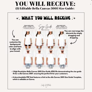 May include: A size guide for Bella Canvas 3001 t-shirts. The guide shows models wearing the shirts in various sizes, from small to 2X-large. Text on the image includes "What You Will Receive" and instructions for customization.