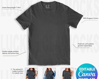 Puede incluir: Una camiseta unisex de peso pesado de color gris oscuro con un ajuste relajado. La camiseta está hecha de 100% algodón ringspun y está preencogida, lavada en suave y teñida en prenda. La camiseta tiene mangas y dobladillo inferior con puntadas de doble aguja.  "T-Shirt Description Comfort Colors Pepper" está escrito en la parte superior de la imagen.