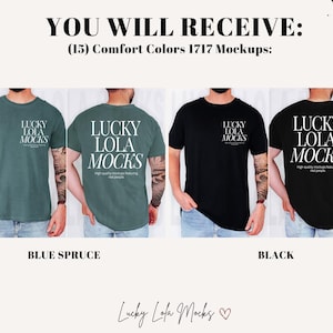 May include: Four t-shirts in different colors with the text "Lucky Lola Mocks" printed on the front. The t-shirts are displayed on mannequins. The colors are blue spruce, black, and two other colors.