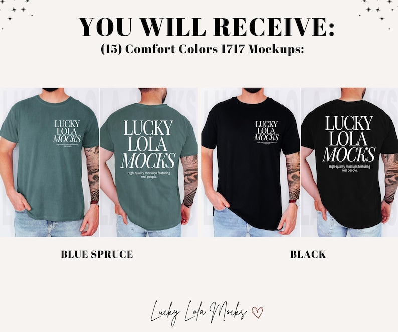 May include: Four t-shirts in different colors with the text "Lucky Lola Mocks" printed on the front. The t-shirts are displayed on mannequins. The colors are blue spruce, black, and two other colors.