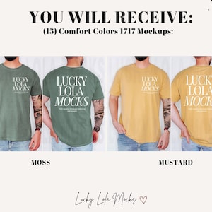 May include: Mockup of a t-shirt in two colors: moss green and mustard yellow. The t-shirt has the text "Lucky Lola Mocks" printed on the front in white.