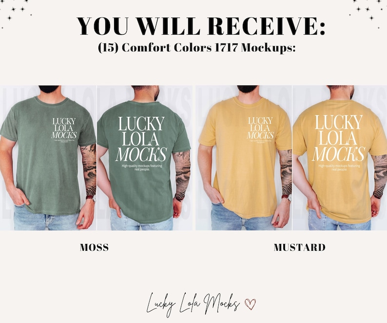 May include: Mockup of a t-shirt in two colors: moss green and mustard yellow. The t-shirt has the text "Lucky Lola Mocks" printed on the front in white.
