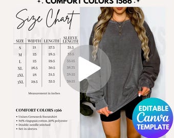Editable Comfort Colors 1566 Video Size Chart, Comfort Colors Video Size Chart, Size Chart Mockup, Comfort Colors Video Mockup, 1566 Video