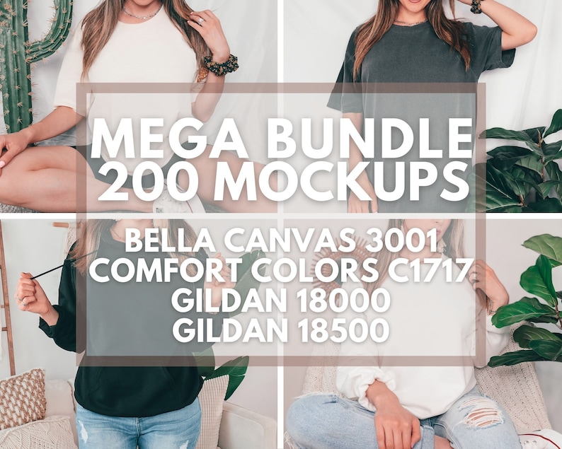 May include: A collage of images featuring different styles of shirts, including a white t-shirt, a gray t-shirt, a black hoodie, and a white sweatshirt. The text "MEGA BUNDLE 200 MOCKUPS" is displayed in large, bold letters. The text "BELLA CANVAS 3001, COMFORT COLORS C1717, GILDAN 18000, GILDAN 18500" is also displayed.