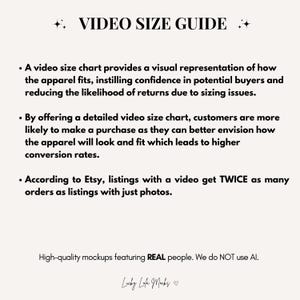 May include: A cream-colored graphic with the text "VIDEO SIZE GUIDE" at the top. The guide explains the benefits of video size charts for apparel listings, including increased customer confidence and higher conversion rates. The text also mentions that Etsy listings with videos get twice as many orders.