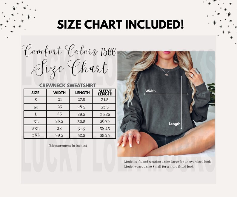 May include: Size chart for a crewneck sweatshirt in Comfort Colors 1566. The chart shows the width, length, and sleeve length in inches for sizes S, M, L, XL, 2XL, and 3XL.