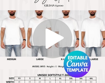 Editable Men Gildan 64000 Video Size Chart, Gildan 64000 Video Man, 64000 Video, 64000 Male Mockups, 64000 Video Size Chart Mockup Man