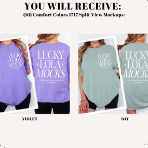 May include: Mockup of two Comfort Colors 1717 t-shirts, one violet and one bay. Each shirt features the text "LUCKY LOLA MOCKS" in white. The text "High-quality mockups featuring real people" is also visible.