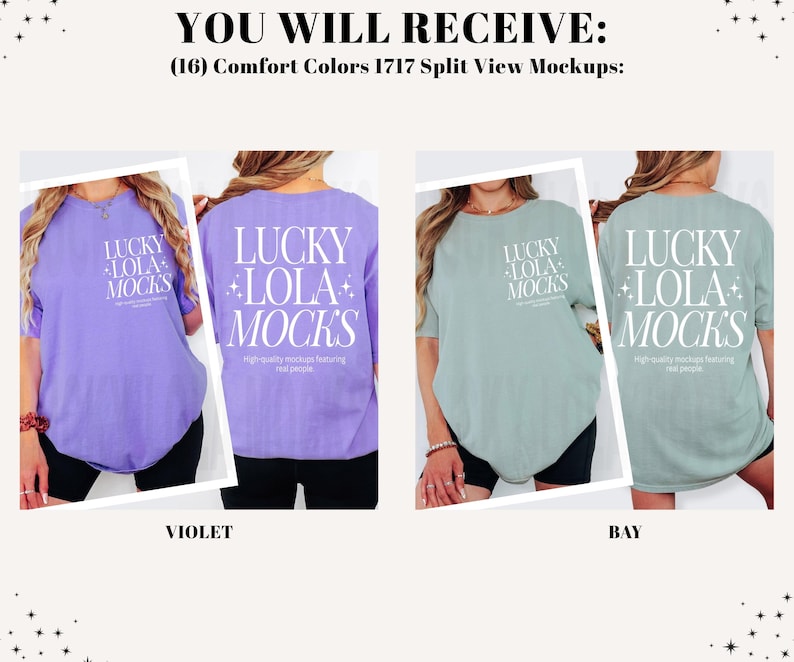 May include: Mockup of two Comfort Colors 1717 t-shirts, one violet and one bay. Each shirt features the text "LUCKY LOLA MOCKS" in white. The text "High-quality mockups featuring real people" is also visible.