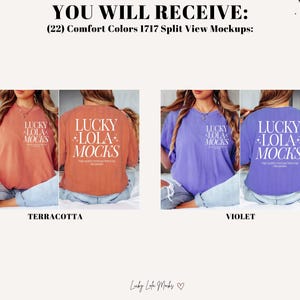 May include: Two split view mockups of a t-shirt in terracotta and violet. The t-shirt has the text "Lucky Lola Mocks" printed on the front and back.