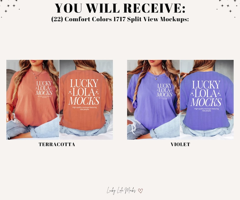 May include: Two split view mockups of a t-shirt in terracotta and violet. The t-shirt has the text "Lucky Lola Mocks" printed on the front and back.