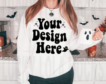 Gildan 18000 White Mockup, White Sweatshirt Mockup, Gildan 18000 Mockup, Model Mockup, Fall Mockup, Halloween Mockup, Spooky Mockup