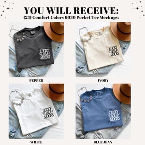 May include: Four Comfort Colors 6030 pocket tee mockups in pepper, ivory, white, and blue jean. Each tee is paired with a brown hat, a necklace, and denim jeans. The pocket of each tee has the text "LUCKY LOLA MOCKS".