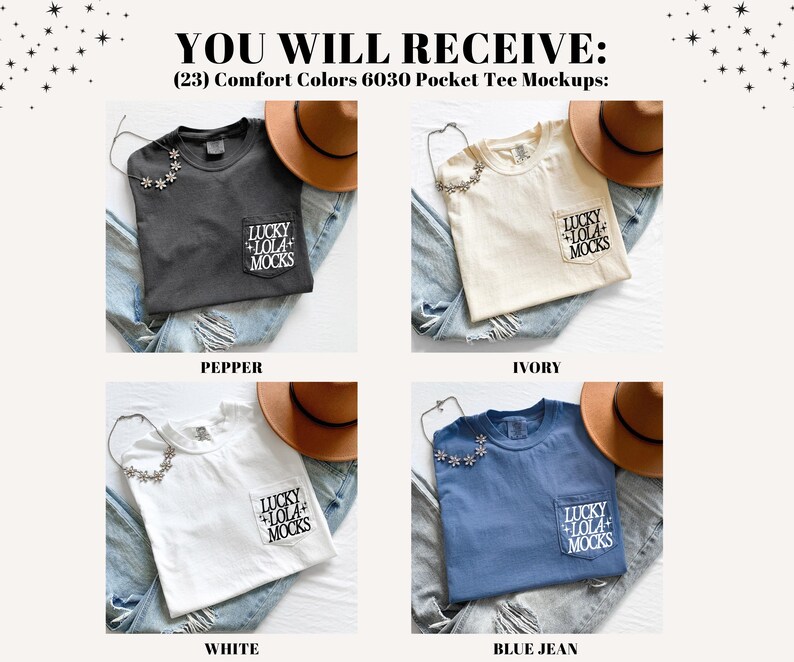 May include: Four Comfort Colors 6030 pocket tee mockups in pepper, ivory, white, and blue jean. Each tee is paired with a brown hat, a necklace, and denim jeans. The pocket of each tee has the text "LUCKY LOLA MOCKS".