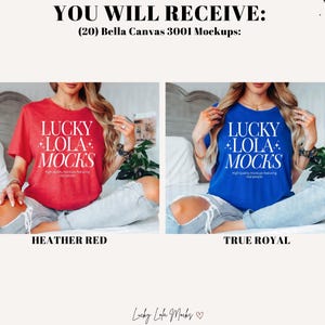 May include: Two Bella Canvas 3001 t-shirts, one in heather red and one in true royal blue, both featuring the text "LUCKY LOLA MOCKS" in white.