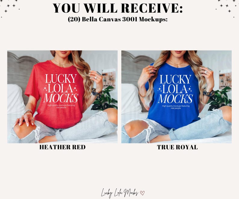 May include: Two Bella Canvas 3001 t-shirts, one in heather red and one in true royal blue, both featuring the text "LUCKY LOLA MOCKS" in white.