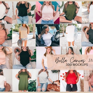 May include: A collage of 100 mockups featuring various t-shirt designs in different colors and styles. The mockups showcase the t-shirts being worn by models in a variety of settings, including outdoors, in cars, and in studios. The text "Bella Canvas 3001 100 MOCKUPS" is displayed on the image.