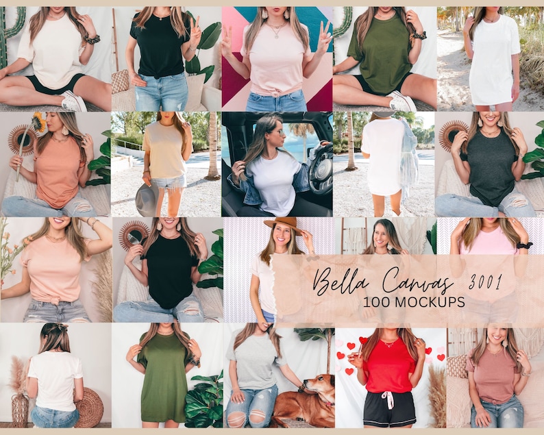 May include: A collage of 100 mockups featuring various t-shirt designs in different colors and styles. The mockups showcase the t-shirts being worn by models in a variety of settings, including outdoors, in cars, and in studios. The text "Bella Canvas 3001 100 MOCKUPS" is displayed on the image.
