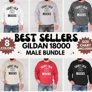 May include: A set of eight Gildan 18000 male crewneck sweatshirts in various colors. Each sweatshirt features a graphic design with the text "Lucky Lola Mocks" and a camera icon. The text "Size Chart Included" is also visible.