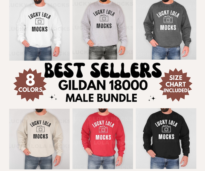 May include: A set of eight Gildan 18000 male crewneck sweatshirts in various colors. Each sweatshirt features a graphic design with the text "Lucky Lola Mocks" and a camera icon. The text "Size Chart Included" is also visible.