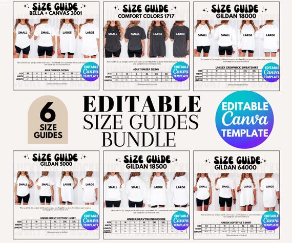 Editable Size Chart Bundle, Size Guide Bella Canvas, Size Guide Comfort Colors, Size Guide Gildan, 1717 Size Chart, 18000 Size Chart, Mockup
