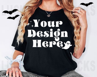 Comfort Colors 1717 Halloween-mockup, Halloween-mockup shirt, zwarte shirt-mockup, 1717 zwarte mockup, model-mockup, 1717 Halloween-mockup