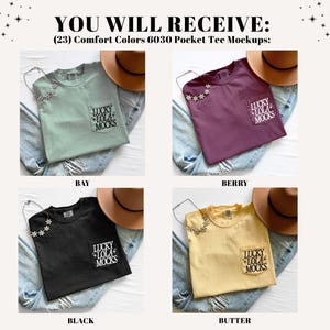 May include: Four Comfort Colors 6030 pocket tee mockups in bay, berry, black, and butter colors. Each tee has a pocket with the text "LUCKY LOLA MOCKS". Each shirt is paired with a hat and jeans.