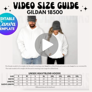 Bearbeitbare Gildan 18500 Video Größentabelle, Übergroße Größentabelle, Gildan Hoodie Größentabelle, Größentabelle Gildan 18500, Gildan G185 Größentabelle