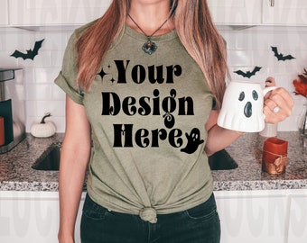Bella Canvas 3001 Heather Olive Mockup, Fall Shirt Mockup, Spooky Mockup, Model Mockup, Heather Olive T-shirt Mockup, Halloween Mockup,