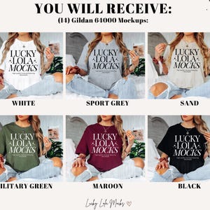 May include: A mockup of a Gildan 64000 t-shirt in 10 different colors: white, sport grey, sand, military green, maroon, black, navy, royal blue, heather grey, and pink. The t-shirt features the text "Lucky Lola Mocks" in black.