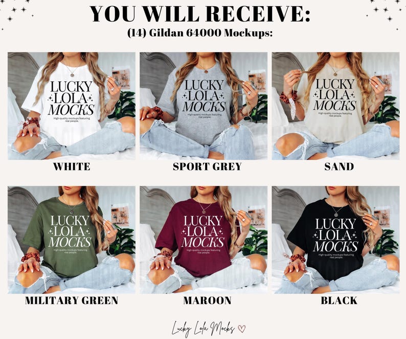 May include: A mockup of a Gildan 64000 t-shirt in 10 different colors: white, sport grey, sand, military green, maroon, black, navy, royal blue, heather grey, and pink. The t-shirt features the text "Lucky Lola Mocks" in black.