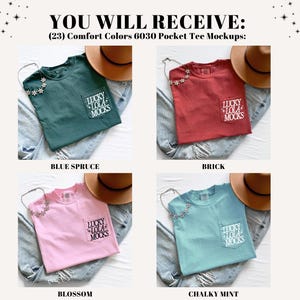 May include: Four Comfort Colors 6030 pocket tee mockups in blue spruce, brick, blossom, and chalky mint. Each tee has a pocket with the text "LUCKY LOLA MOCKS". Each shirt is paired with a brown hat and a necklace.