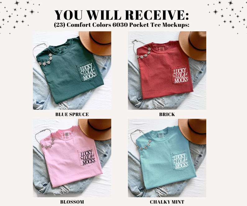 May include: Four Comfort Colors 6030 pocket tee mockups in blue spruce, brick, blossom, and chalky mint. Each tee has a pocket with the text "LUCKY LOLA MOCKS". Each shirt is paired with a brown hat and a necklace.