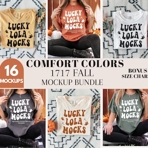 May include: A mockup bundle featuring six t-shirts in various colors: yellow, orange, white, gray, cream, and green. Each shirt displays the text "LUCKY LOLA MOCKS" with a ghost graphic. The image also includes text that reads "COMFORT COLORS 1717 FALL MOCKUP BUNDLE".