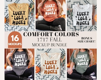 May include: A mockup bundle featuring six t-shirts in various colors: yellow, orange, white, gray, cream, and green. Each shirt displays the text "LUCKY LOLA MOCKS" with a ghost graphic. The image also includes text that reads "COMFORT COLORS 1717 FALL MOCKUP BUNDLE".