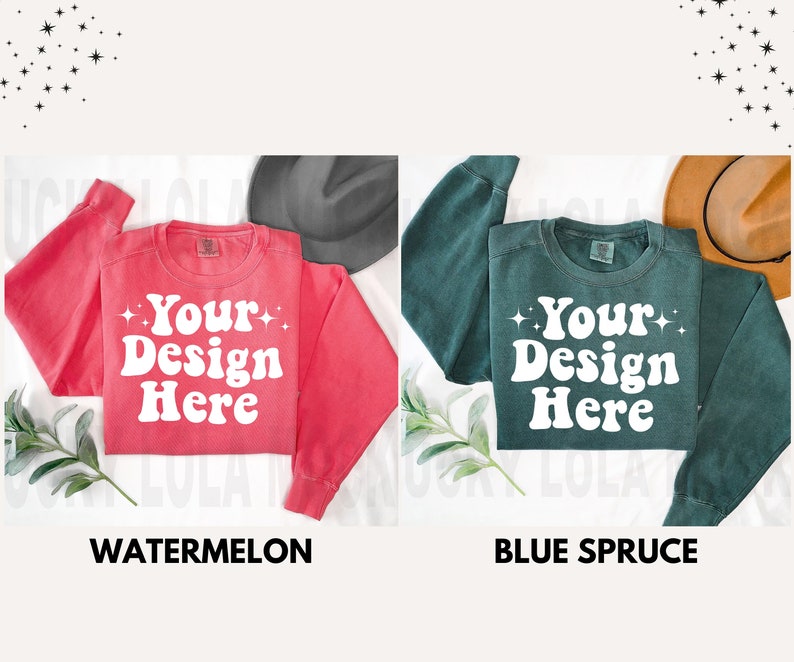 May include: Two blank sweatshirts, one in watermelon red and one in blue spruce green, with the text "Your Design Here" in white on the front.