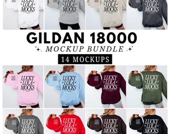 Gildan 18000 Vorder- und Rückseiten-Mockup-Bundle, 14 Farben, Vorder- und Rückseiten-Mockups für Gildan-Produkte, Rückseiten-Sweatshirt, g180-Mockups, Sweatshirt-Vorder- und Rückseiten-Mockup