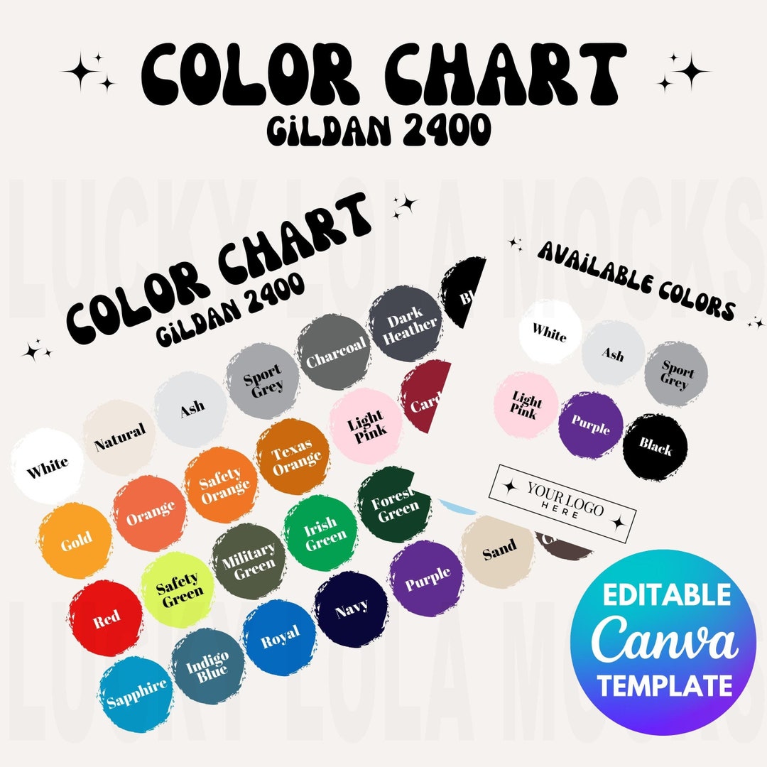 Editable Gildan 2400 Color Chart, Gildan 2400 Mockup, Gildan Long