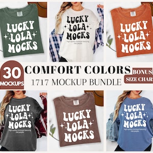 Pu&ograve; includere: Una collezione di mockup di magliette in vari colori, tra cui verde, bianco, arancione, grigio, marrone e blu. Ogni maglietta presenta il testo "LUCKY LOLA MOCKS" in un font bianco stilizzato. L'immagine include anche il testo "30 COMFORT COLORS MOCKUPS 1717 MOCKUP BUNDLE BONUS SIZE CHART!"