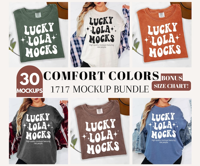Pu&ograve; includere: Una collezione di mockup di magliette in vari colori, tra cui verde, bianco, arancione, grigio, marrone e blu. Ogni maglietta presenta il testo "LUCKY LOLA MOCKS" in un font bianco stilizzato. L'immagine include anche il testo "30 COMFORT COLORS MOCKUPS 1717 MOCKUP BUNDLE BONUS SIZE CHART!"