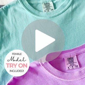 編集可能なComfort Colors 3023ビデオサイズガイド+折り畳みTシャツショーケースビデオ、ビデオモックアップテンプレート、3023CLボックスTシャツビデオサイズガイド