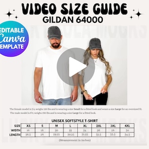 Bearbeitbare Gildan 64000 Video Größentabelle, Größentabelle Mockup, Übergroße Größentabelle, Video Größentabelle, Video Size Guide, Gildan 6400 Größentabelle