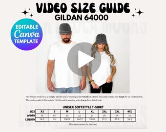 Editable Gildan 64000 Video Size Chart, Size Chart Mockup, Oversized Size Chart, Video Size Chart, Video Size Guide, Gildan 6400 Size Chart